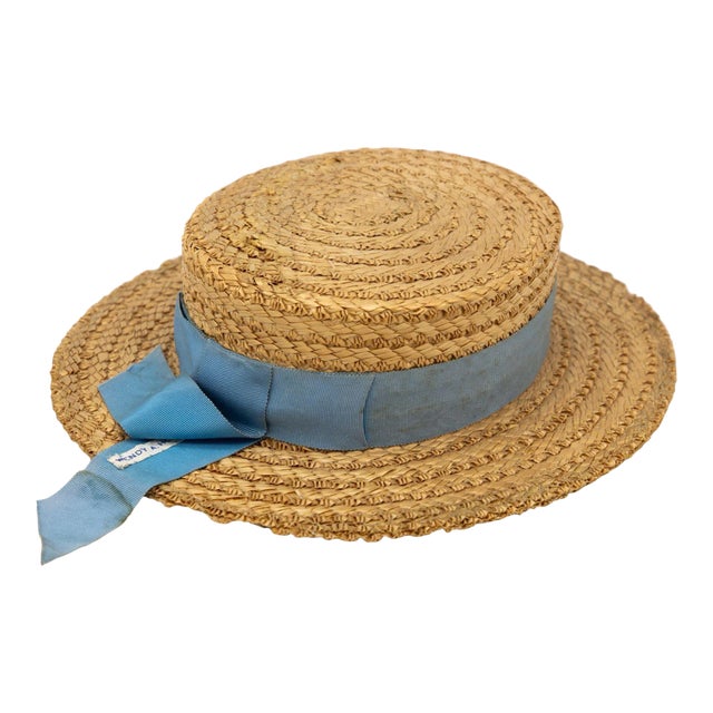 Vintage Natural Straw Pale Blue Ribbon Bow Boater Hat, the Ridgemont Make, 1930s For Sale