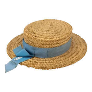 Vintage Natural Straw Pale Blue Ribbon Bow Boater Hat, the Ridgemont Make, 1930s