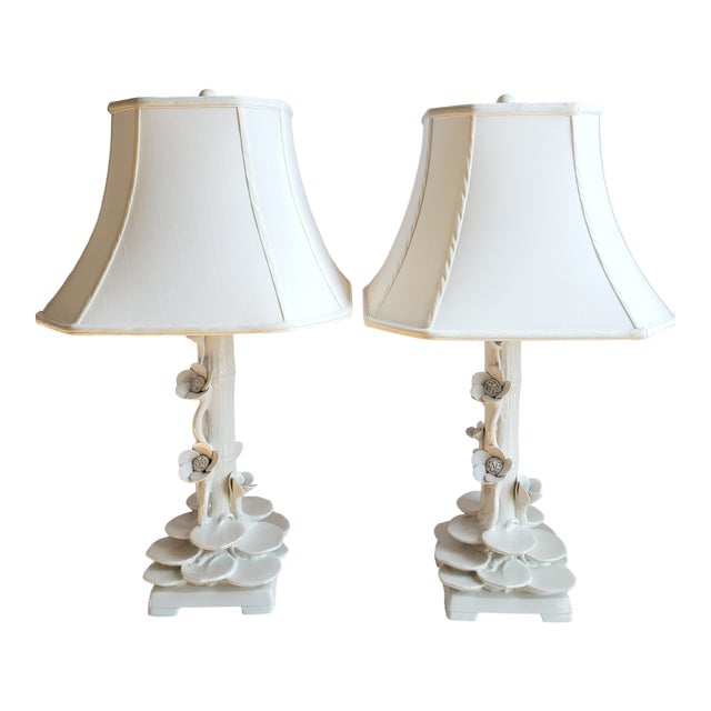 Mid Century Italian Ceramic Faux Bamboo & Lotus Flower Table Lamps-A Pair For Sale