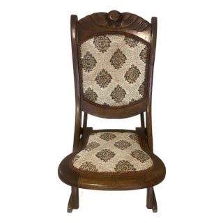 Vintage Victorian Carved Walnut and Upholstered Folding Rocking Chair For Sale