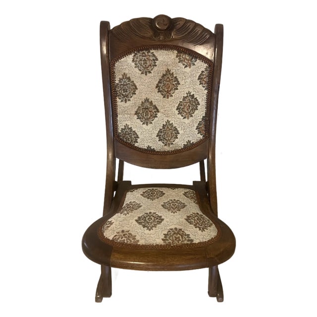 Vintage Victorian Carved Walnut and Upholstered Folding Rocking Chair For Sale