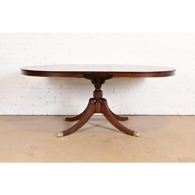 Brown Baker Furniture Style Georgian Carved Mahogany Pedestal Extension Dining Table, Newly Refinished For Sale - Image 8 of 13
