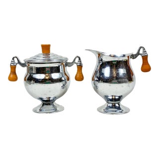 Vintage Chrome and Bakelite Sugar and Creamer Set For Sale