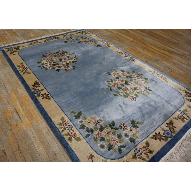 Sky Blue 1980s Ligth Blue Floral Vintage Silk Chinese Art Deco Carpet 6'2" X 9' Handknotted Rug For Sale - Image 8 of 12
