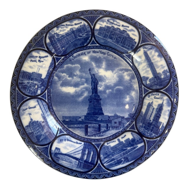 Antique Rowland & Marcellus Staffordshire "Souvenir of New York City" Blue Transferware Plate For Sale
