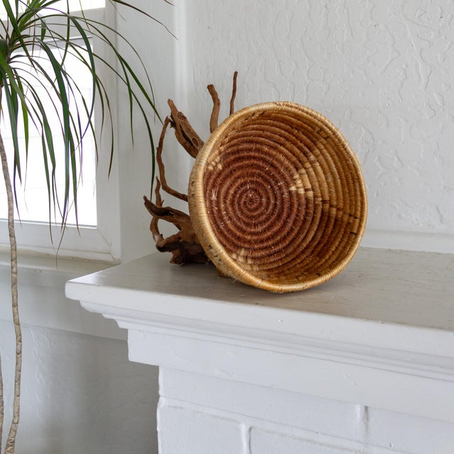 Tan Native American Style Pine Needle and Natural Fiber Coil Basket or Bowl For Sale - Image 8 of 17