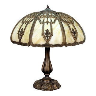 Antique Art Nouveau Carmel Slag Glass Table Lamp For Sale