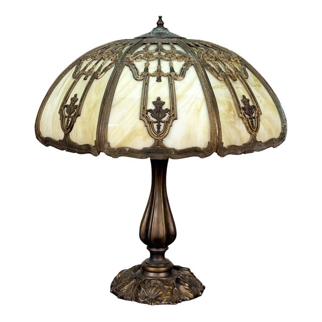 Antique Art Nouveau Carmel Slag Glass Table Lamp For Sale