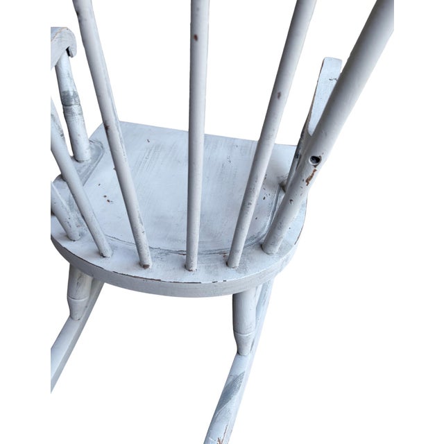 Farmhouse Nichols & Stone Child’s Wooden Windsor Rocking Chair Spindle Back Distressed Farmhouse Vintage Chippy Gray For Sale - Image 3 of 12