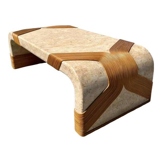 Modern Tessellated Marble & Pencil Bamboo Waterfall Style Coffee Table For Sale