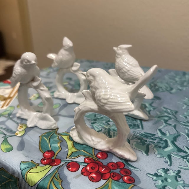 Boho Chic Vintage White Ceramic Bird Napkin Rings Set of 4 - Figural Cardinal Songbirds For Sale - Image 3 of 5