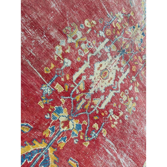 Beautiful 19th century Smyrne Turkish rug with nice decorative design and red field, blue and yellow colors, entirely hand...