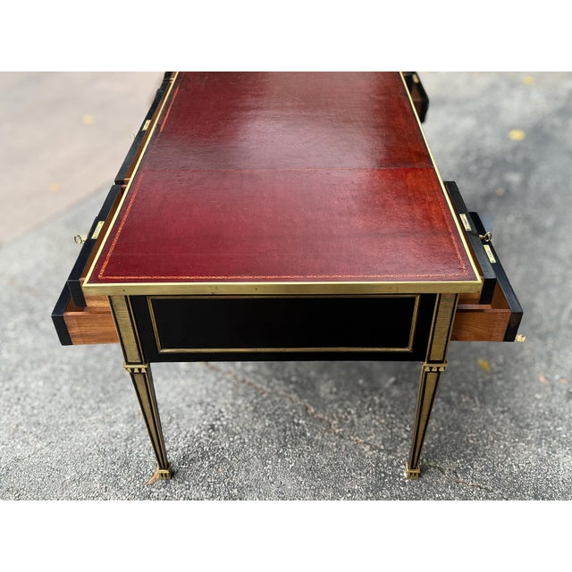 French Ebonized Louis XVI Bureau Plat or Writing Desk With Embossed Leather Top For Sale - Image 9 of 16
