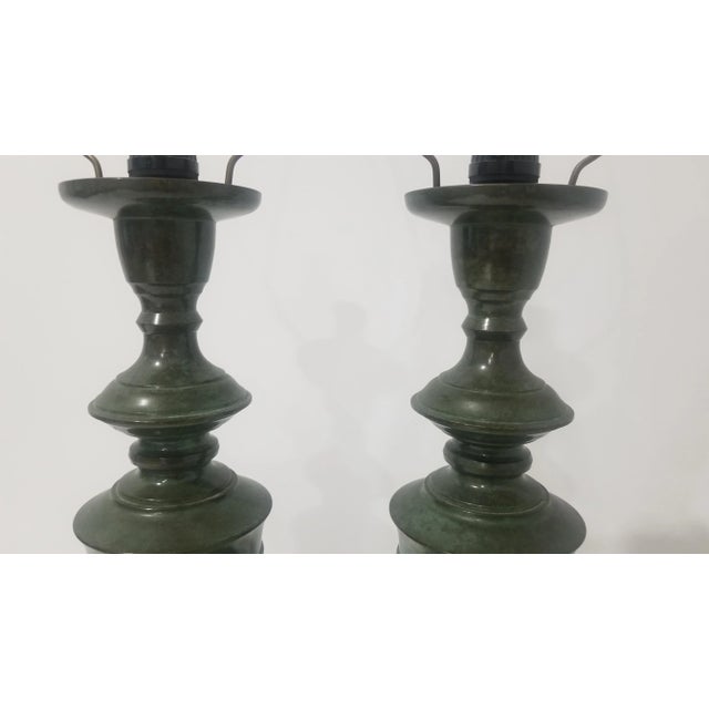 James Mont 1950s Regency Japanese Verdigris Brass Marbro Style Table Lamps - a Pair For Sale - Image 4 of 12