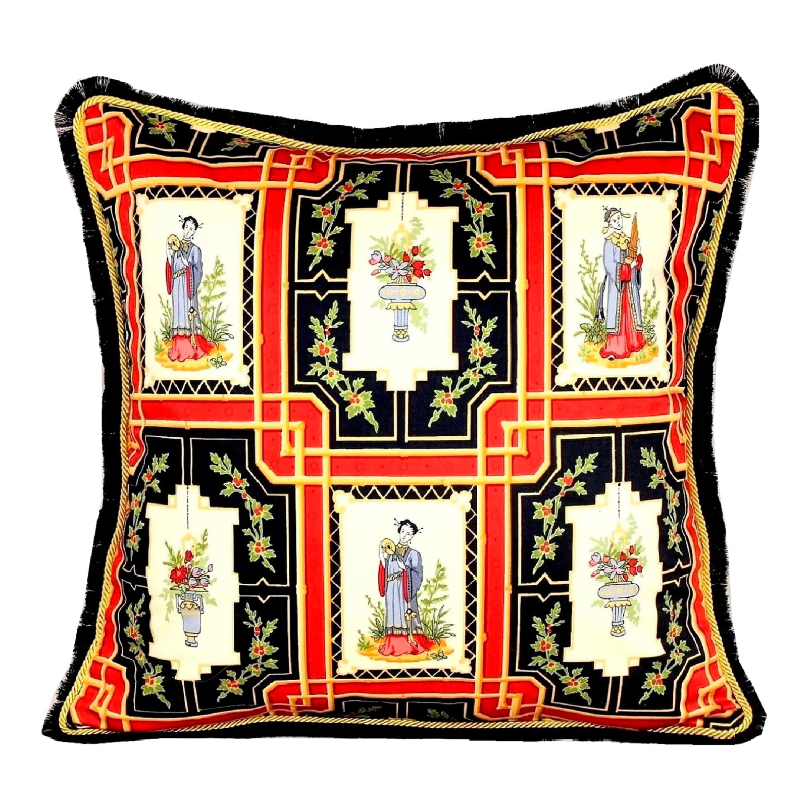 Pillow With Piping and Fringe Made From Vintage Chinoiserie Schumacher