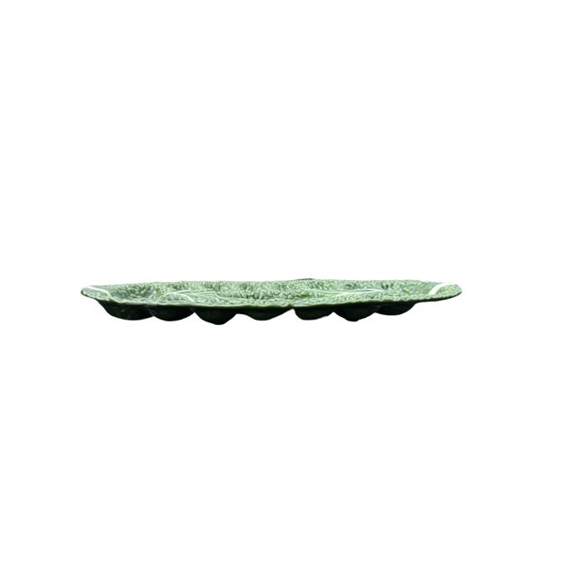 Green Mid 20th Century Olfaire Portugal Majolica Oval Platter Cabbage Leaf Deviled Egg/Oyster Plate Uncommon Mold 7090 For Sale - Image 8 of 10
