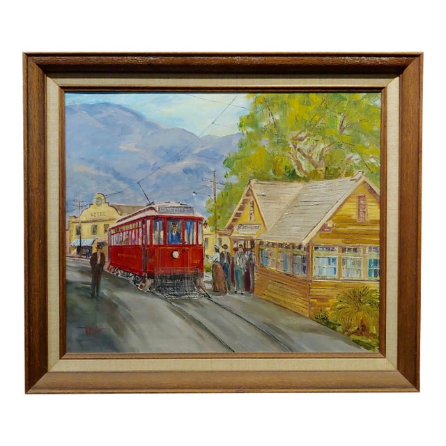 Wilfrid T. Mills-Los Angels Trolley Car at Sierra Madre Station -Oil Painting For Sale