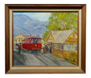 Wilfrid T. Mills-Los Angels Trolley Car at Sierra Madre Station -Oil Painting