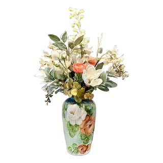 Faux Floral Arrangement Vibrant Timeless Limoges French Porcelain Tall Vase For Sale