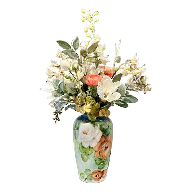 Faux Floral Arrangement Vibrant Timeless Limoges French Porcelain Tall Vase For Sale
