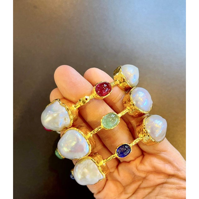 Late 20th Century Bochic “Capri” Vintage Ruby, Blue Opal & South Sea Pearl Bangle in 18K Gold & Silver For Sale - Image 5 of 12
