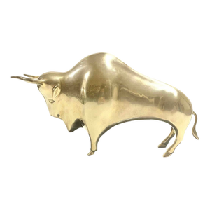 Mid Century Modern Brass Bull Sculpture Door Stop – 1950s Charging Bull Statue