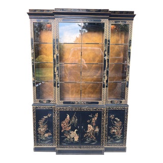 Vintage Drexel Heritage ‘Et Cetera’ Asian Chinoiserie Black Lacquered China Cabinet/ Breakfront, 1970’s For Sale