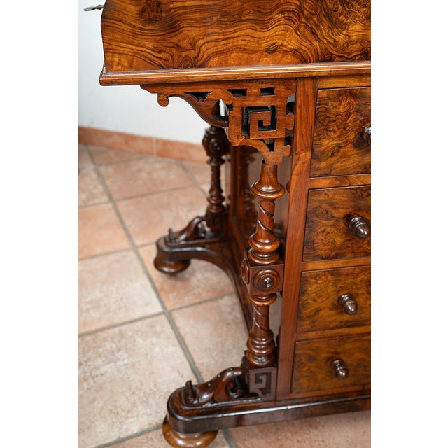 Antique Victorian Burl Walnut Writing Desk with Maple Inlay, England, 1800s For Sale - Image 6 of 11