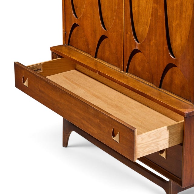 Brown Broyhill Brasilia Mid Century Walnut and Brass Gentleman Chest Highboy Dresser For Sale - Image 8 of 10