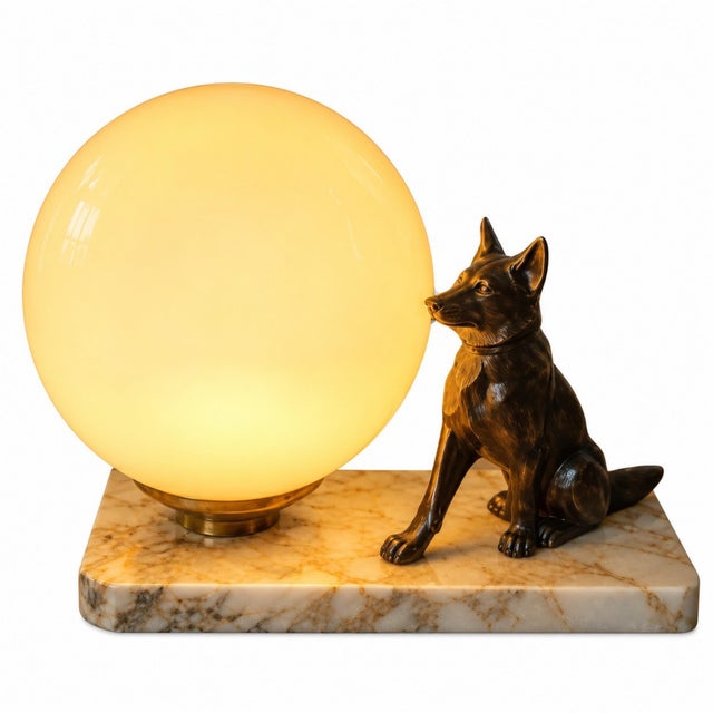 Vintage German Shepherd Table Lamp with Opaline Glass Globe from Tedd, 1930s For Sale - Image 6 of 10
