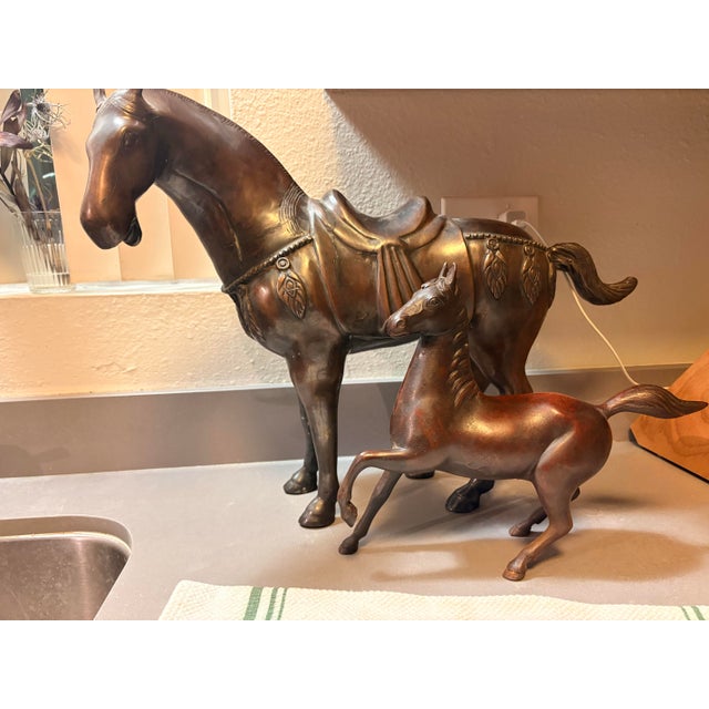 1970s Tang Dynasty Style Brass Horse Sculptures - Matching Pair Set 22” - Unmarked For Sale In Phoenix - Image 6 of 12
