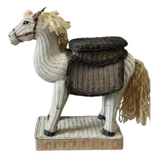Mid-Century Wicker Horse Side Table / Garden Stool - Glass Eyes Tortoise Ears For Sale