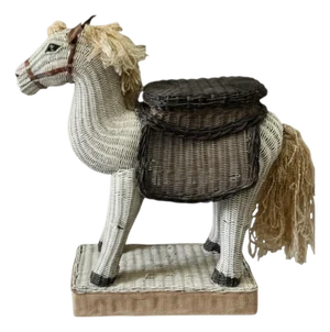 Mid-Century Wicker Horse Side Table / Garden Stool - Glass Eyes Tortoise Ears