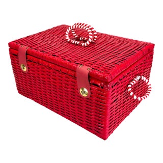 Vintage 1970’s Red & White Woven Plastic Picnic Basket For Sale