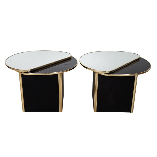 1980s Pair Postmodern End Side Tables Mirror Top Black Pedestal Base For Sale In Baltimore - Image 6 of 10