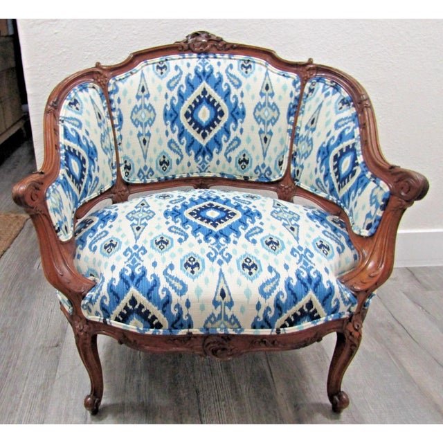 Antique French Louis XV Carved Walnut French Bergère Armchair Ikat 18th Century For Sale - Image 4 of 18