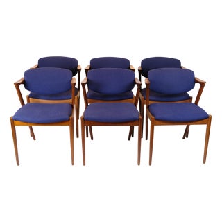 Model 42 Dining Room Chairs in Teak and Blue Fabric by Kai Kristiansen for Andersen Møbelfabrik, 1960s, Set of 6 For Sale