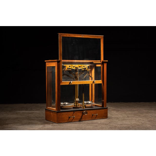 Industrial Vintage Brass Apothecary Balance Scale in Wood & Glass Case by Seederer-Kohlbusch For Sale - Image 3 of 11