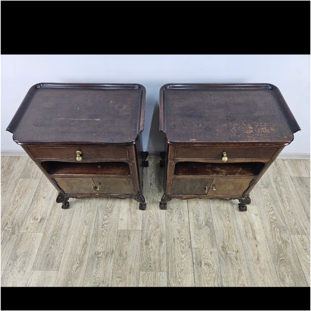 Unique pair of antique nightstands (bedside cabinets) with subtle Chippendale/Neo-Rococo decorations and a documented...