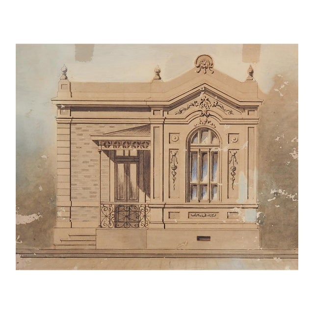 Late 19th Century Distressed Architectural Rendering Watercolor Painting For Sale