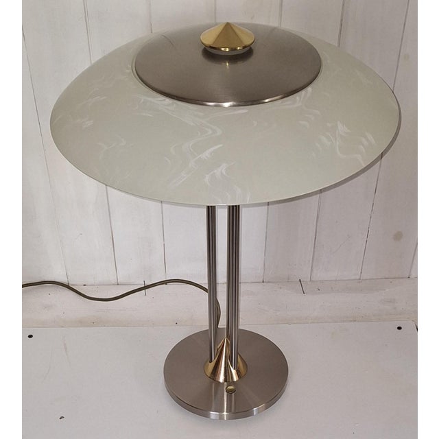 Vintage Table Lamp in Bicolor Metal, Brass and Stainless Steel with White Marbled Glass Shade from Hustadt-Leuchten, 1980s For Sale - Image 4 of 8
