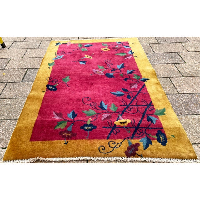 Art Deco Early 20th Century Antique Art Deco Chinese Rug Flower Lovers 3'1" X 4'10" #17451 C-1920's For Sale - Image 3 of 11