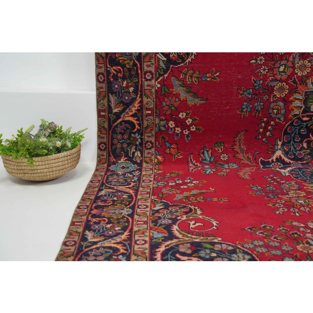 1970s Vintage Persian Handmade Wool 10x13 Red Floral Area Rug For Sale - Image 4 of 11