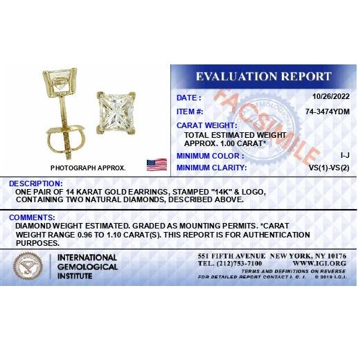 IGI Certified 14K Yellow Gold 1.00 Cttw Princess-Cut Square Diamond 4-Prong Solitaire Stud Earrings (I-J Color, VS1-VS2 Clarity) For Sale - Image 4 of 6