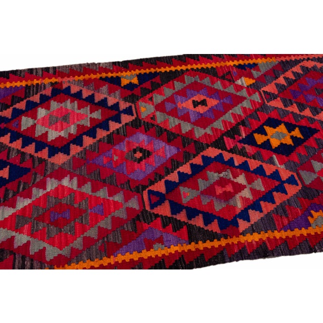 Persian Vintage Kilim Handmade Flatweave Multicolor Geometric Wool Runner 3' 3'' X 10' 10'' For Sale - Image 3 of 11