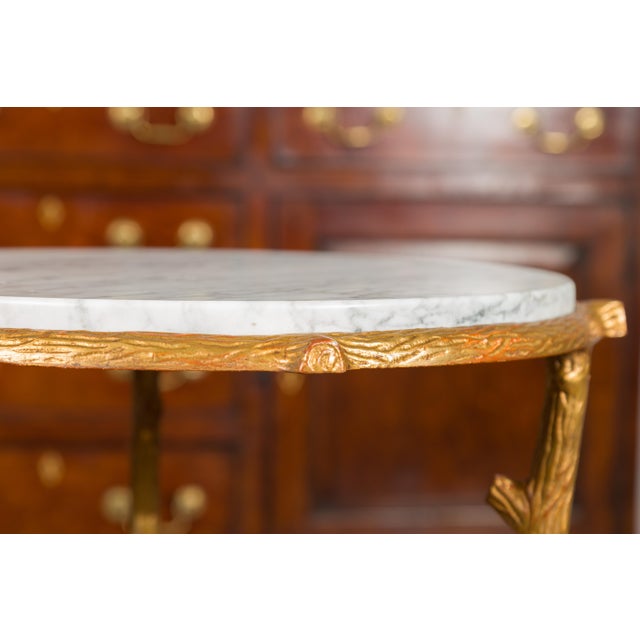 French Vintage Gilt Metal Side Table with Faux Bois Style Legs and Marble Top For Sale - Image 10 of 11