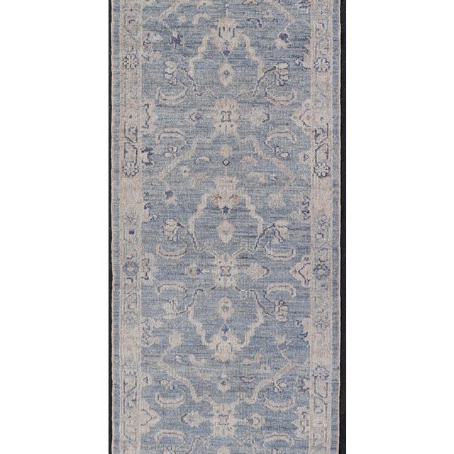 Angora Turkish Oushak Runner With Floral Design and Medium Blue and Grey Border 2'7 X 11'8 For Sale - Image 9 of 11