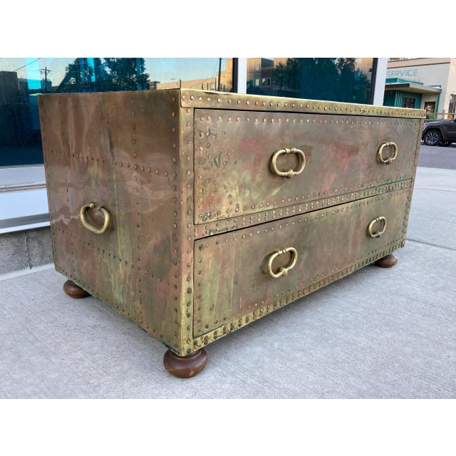 Wood Brass-Clad Campaign Coffee Table From Sarreid Ltd. Spain For Sale - Image 7 of 13