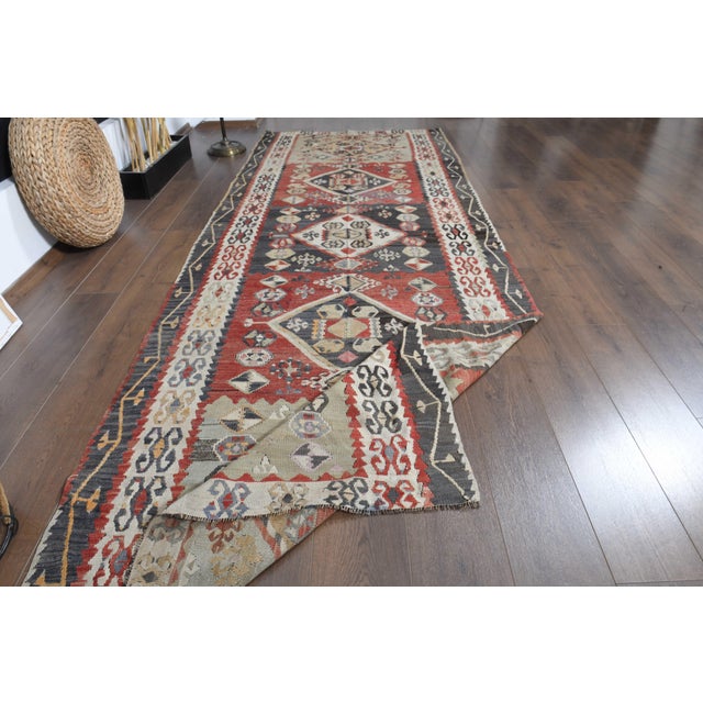1970s Vintage Handmade Wool Cotton Red Runner Rug For Sale - Image 9 of 11