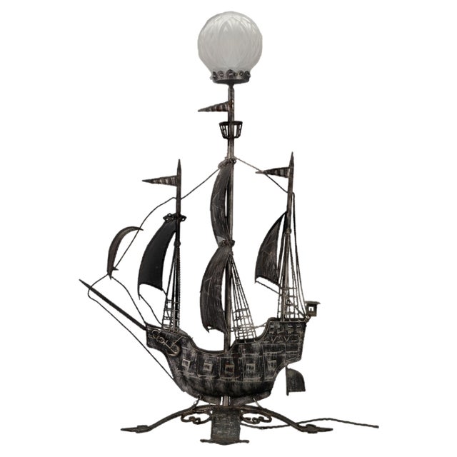 Spanish Wrought Iron and Glass Galleon Sailing Ship Shaped Floor Lamp, 1950s For Sale